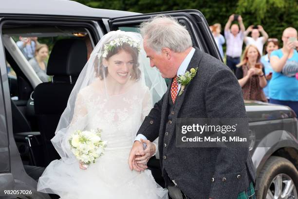 Rose Leslie arriving at Rayne Church in Kirkton on Rayne for the wedding of Kit Harrington and Rose Leslie on June 23, 2018 in Aberdeen, Scotland.