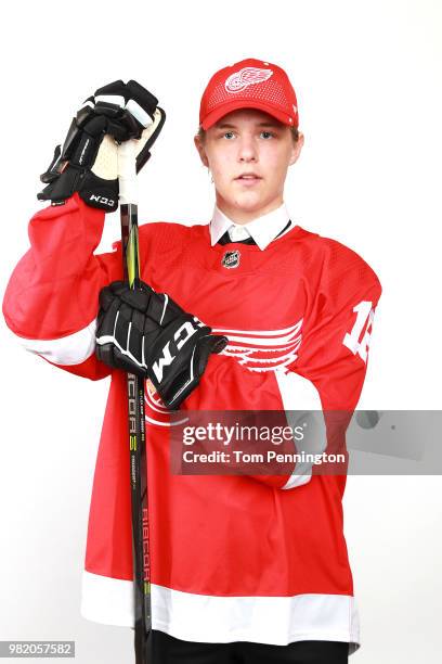 Jonatan Berggren poses after being selected 33rd overall by the Detroit Red Wings during the 2018 NHL Draft at American Airlines Center on June 23,...