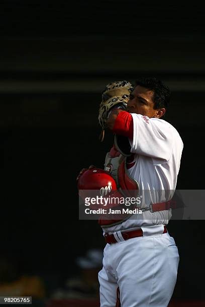 Miguel Ojeda of Red Devils reacts during their match against Dorados as part of the 2010 Baseball Mexican League Tournament at Sol Stadium on April...