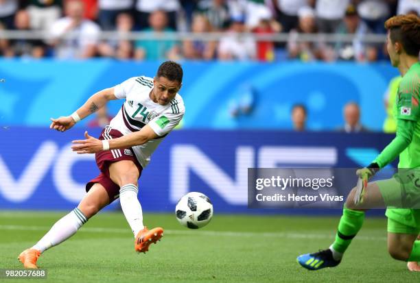 Javier Hernandez of Mexico scores his team's second goal during the 2018 FIFA World Cup Russia group F match between Korea Republic and Mexico at...