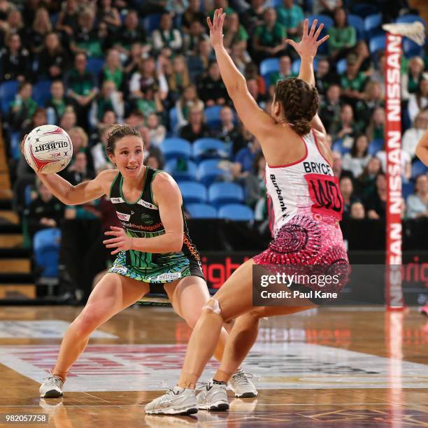 Ingrid Colyer of the Fever looks to pass the ball during the round eight Super Netball match between the Fever and the Thunderbirds at Perth Arena on...