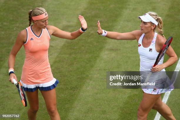 Kristina Mladenovic of France and Timea Babos of Hungary during their doubles semi-final match against Barbora Krejicova and Katerina Siniakova of...