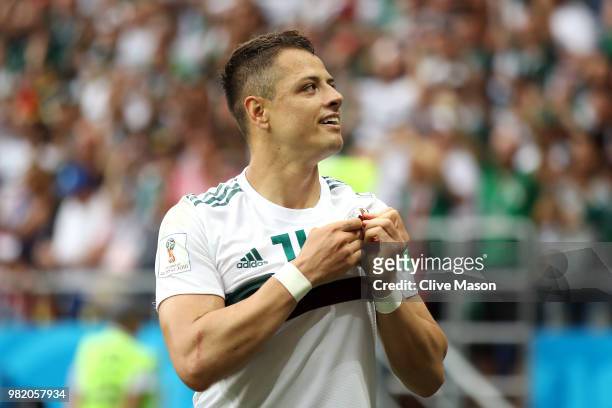 Javier Hernandez of Mexico celebrates after scoring his team's second goal during the 2018 FIFA World Cup Russia group F match between Korea Republic...