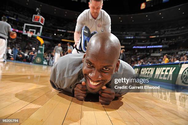Johan Petro of the Denver Nuggets gets ready prior to the game against the Portland Trail Blazers on April 1, 2010 at the Pepsi Center in Denver,...