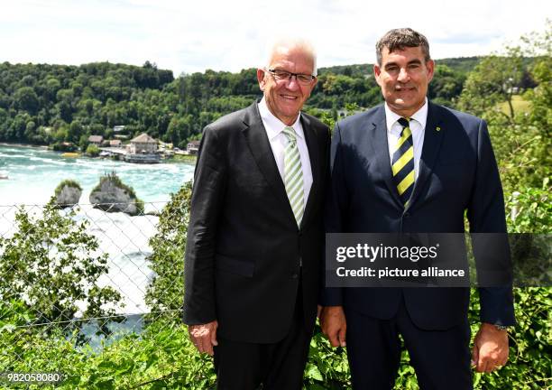 June 2018, Switzerland, Schaffhausen: Winfried Kretschmann , Premier of Baden-Wuerttemberg, and Christian Amsler, government president of the canton...