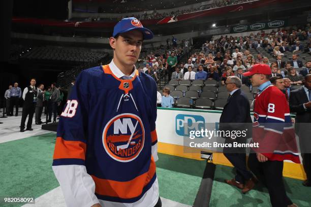 Jakub Skarek reacts after being selected 72nd overall by the New York Islanders during the 2018 NHL Draft at American Airlines Center on June 23,...