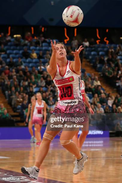 Kaitlyn Bryce of the Thunderbirds receives a pass during the round eight Super Netball match between the Fever and the Thunderbirds at Perth Arena on...