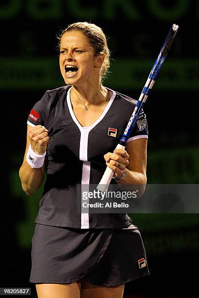 Kim Clijsters of Belgium celebrates after defeating Justine Henin of Belgium during day ten of the 2010 Sony Ericsson Open at Crandon Park Tennis...
