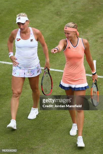 Kristina Mladenovic of France and Timea Babos of Hungary during their doubles semi-final match against Barbora Krejicova and Katerina Siniakova of...
