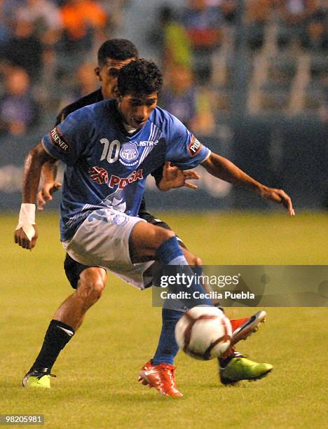 Joao Rojas of Emelec fight for the ball with Angel Escobar of Deportivo Quito during a 2010 Libertadores Cup match at the George Capwell Stadium on...