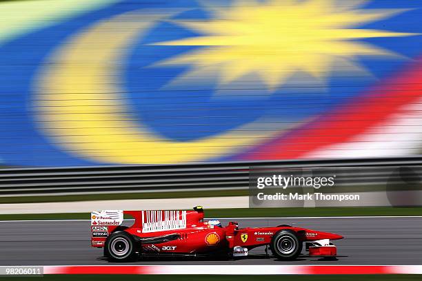 Fernando Alonso of Spain and Ferrari drives during practice for the Malaysian Formula One Grand Prix at the Sepang Circuit on April 2, 2010 in Kuala...