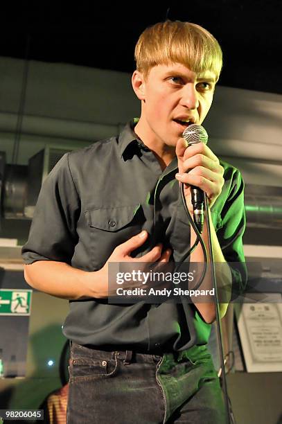 Jonathan Pierce of Brooklyn based band The Drums performs at Rough Trade East on April 1, 2010 in London, England.