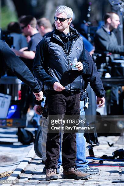 Director Neil Burger films a scene at the "Dark Fields" movie set in Central Park on April 01, 2010 in New York City.