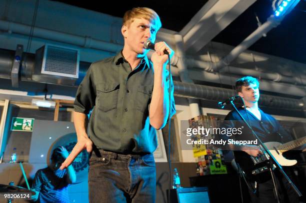 Jonathan Pierce and Adam Kessler of Brooklyn based band The Drums perform at Rough Trade East on April 1, 2010 in London, England.