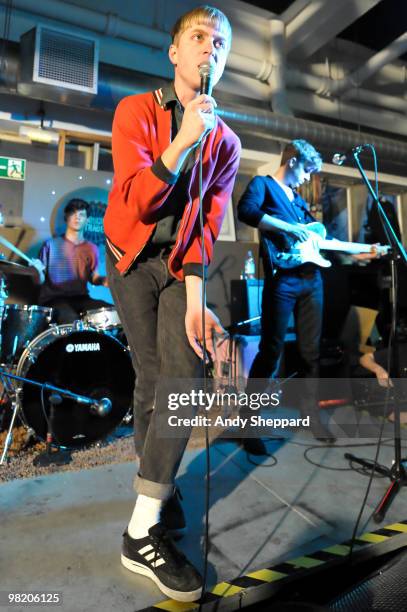 Jonathan Pierce and Adam Kessler of Brooklyn based band The Drums perform at Rough Trade East on April 1, 2010 in London, England.