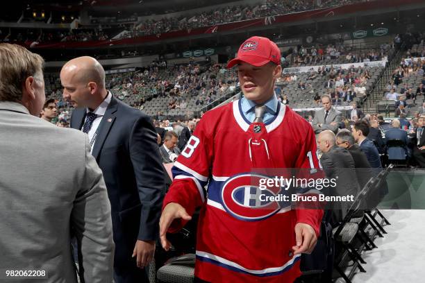 Jordan Harris reacts after being selected 71st overall by the Montreal Canadiens during the 2018 NHL Draft at American Airlines Center on June 23,...