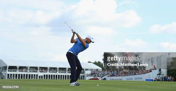 Maximilian Kieffer of Germany plays his second shot from the 18th fairway during day three of the BMW International Open at Golf Club Gut Larchenhof...