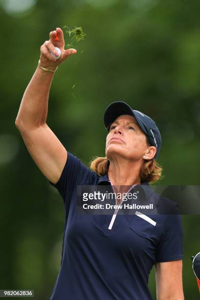 Juli Inkster checks the wind on the third hole during the second round of the Walmart NW Arkansas Championship Presented by P&G at Pinnacle Country...