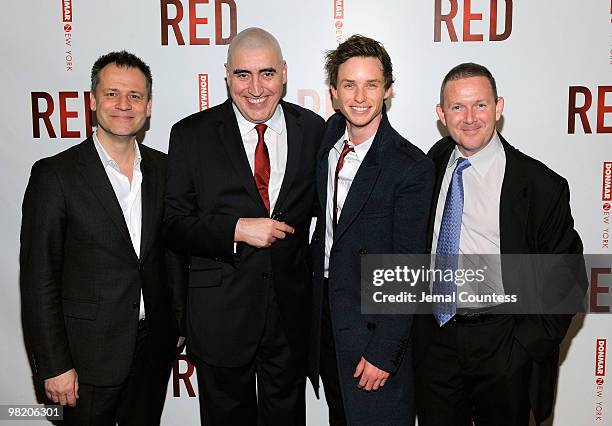 Director Michael Grandage, actors Alfred Molina and Eddie Redmayne and playwright John Logan attend the Broadway opening of "RED" after party at...