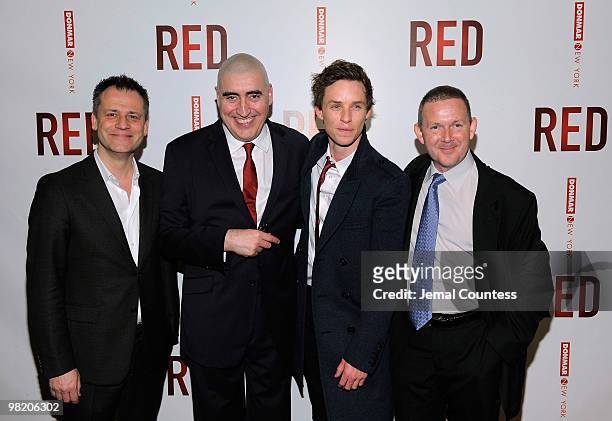 Director Michael Grandage, actors Alfred Molina and Eddie Redmayne and playwright John Logan attend the Broadway opening of "RED" after party at...