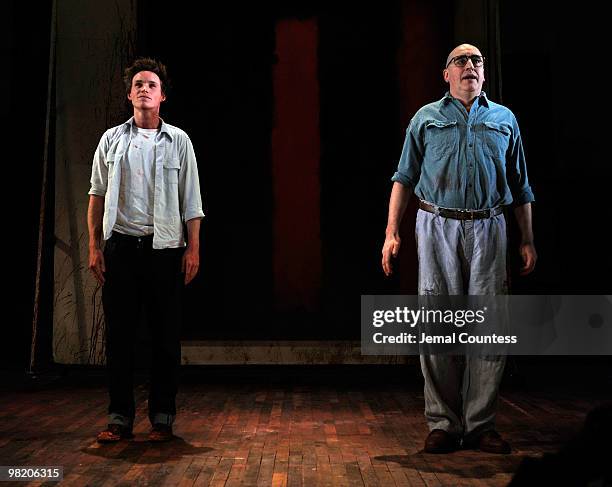 Actors Eddie Redmayne and Alfred Molina take a bow on the opening night of the Broadway production of "RED" at the John Golden Theatre on April 1,...