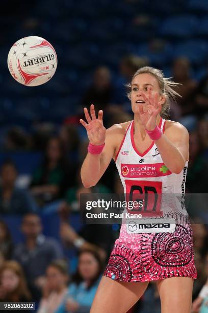 Leana De Bruin of the Thunderbirds passes the ball during the round eight Super Netball match between the Fever and the Thunderbirds at Perth Arena...