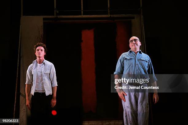 Actors Eddie Redmayne and Alfred Molina take a bow on the opening night of the Broadway production of "RED" at the John Golden Theatre on April 1,...