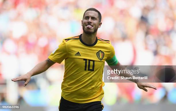 Eden Hazard of Belgium celebrates after scoring during the 2018 FIFA World Cup Russia group G match between Belgium and Tunisia at Spartak Stadium on...