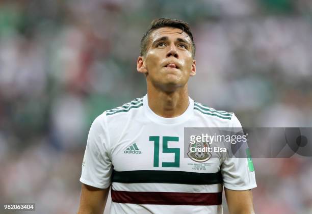 Hector Moreno of Mexico looks on during the 2018 FIFA World Cup Russia group F match between Korea Republic and Mexico at Rostov Arena on June 23,...