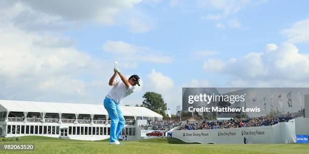 Scott Hend of Australia plays his second shot from the 18th fairway during day three of the BMW International Open at Golf Club Gut Larchenhof on...