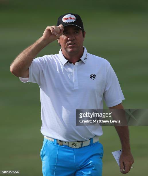Scott Hend of Australia looks on, after his round during day three of the BMW International Open at Golf Club Gut Larchenhof on June 23, 2018 in...