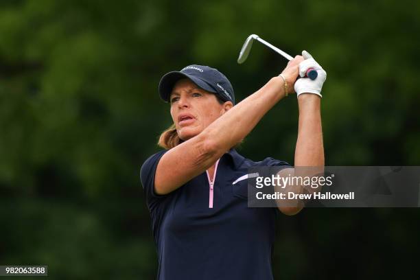 Juli Inkster plays her tee shot on the third hole during the second round of the Walmart NW Arkansas Championship Presented by P&G at Pinnacle...