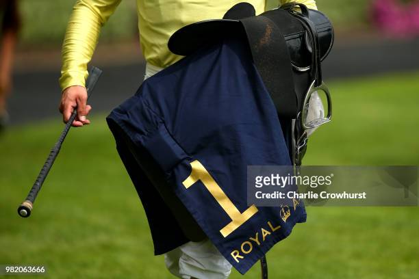 Jockeys tack on day 5 of Royal Ascot at Ascot Racecourse on June 23, 2018 in Ascot, England.