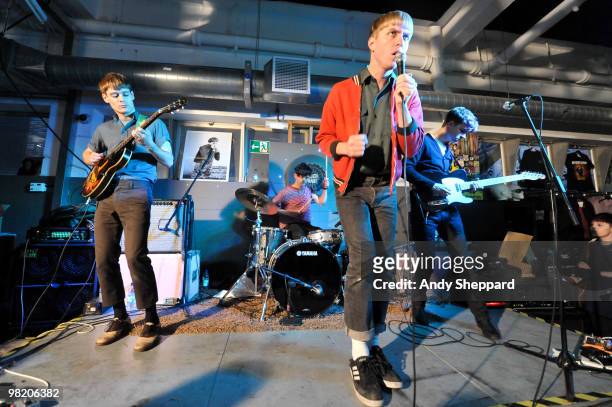 Jacob Graham, Conner Hanwick, Jonathan Pierce and Adam Kessler of Brooklyn based band The Drums perform at Rough Trade East on April 1, 2010 in...