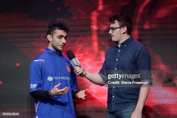 Iamadamthe1st of Knicks Gaming talks to the media during the match against Heat Check Gaming on June 23, 2018 at the NBA 2K League Studio Powered by...