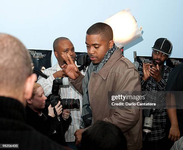 Musician Nas attends a music meeting with Nas & Damian Marley at Digiwaxx Media on April 1, 2010 in New York City.