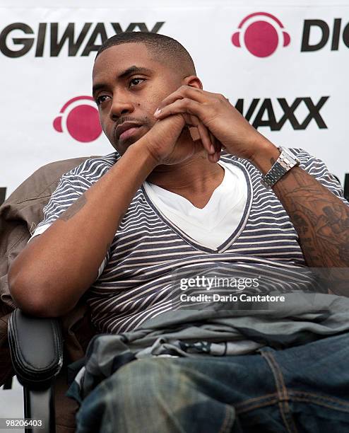 Musician Nas attends a music meeting with Nas & Damian Marley at Digiwaxx Media on April 1, 2010 in New York City.