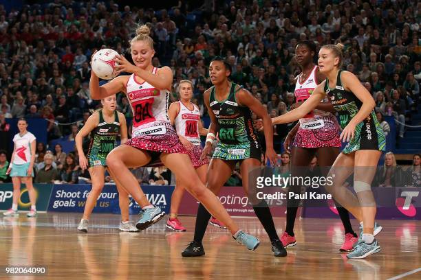 Charlee Hodges of the Thunderbirds catches the ball during the round eight Super Netball match between the Fever and the Thunderbirds at Perth Arena...