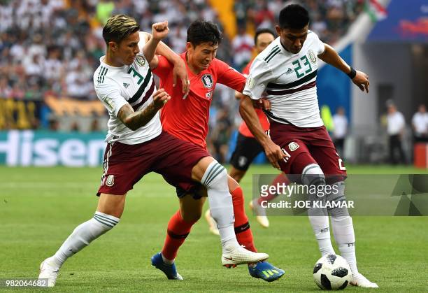 South Korea's forward Son Heung-min fights for the ball with Mexico's defender Carlos Salcedo and Mexico's defender Jesus Gallardo during the Russia...
