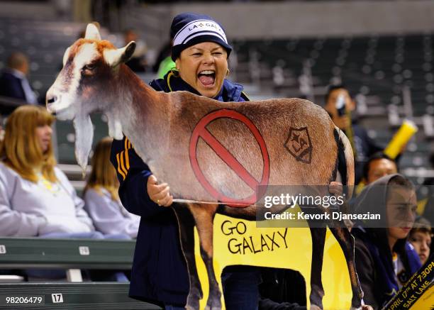 Fan of Los Angeles Galaxy holds a cut out of a goat during the first half of the MLS soccer match against Chivas USA d on April 1, 2010 in Carson,...