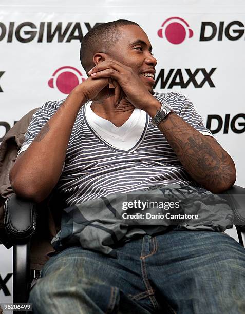 Musician Nas attends a music meeting with Nas & Damian Marley at Digiwaxx Media on April 1, 2010 in New York City.