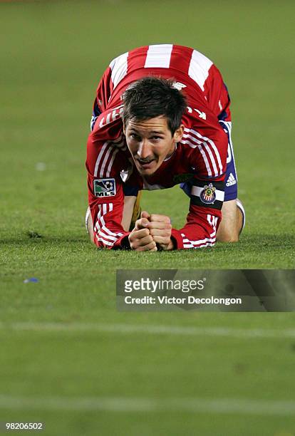 Sacha Kljestan of Chivas USA looks on from his knees after a missed scoring opportunity by teammate Jesus Padilla against the Los Angeles Galaxy in...