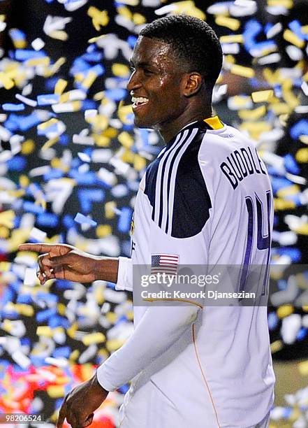 Edson Buddle of the Los Angeles Galaxy celebrates his second goal of the soccer match against of Chivas USA during the second half of the MLS soccer...