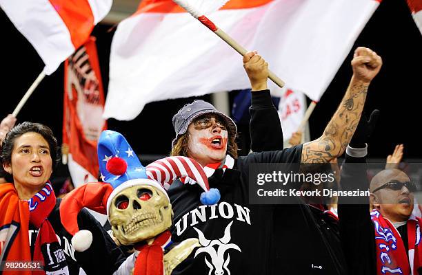 Fans of Chivas USA cheer for their team as they clash against Los Angeles Galaxy during the first half of the MLS soccer match at the Home Depot...