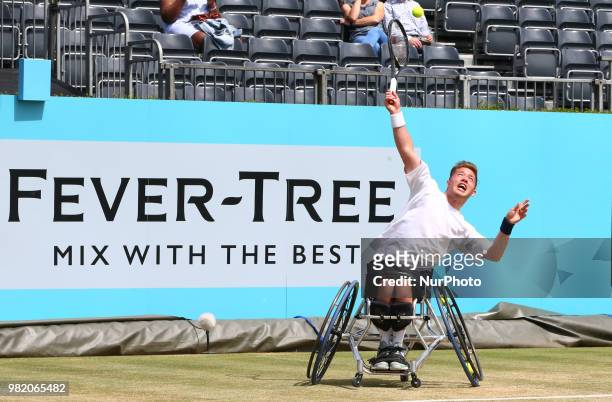 Alfie Hewett in action during Fever-Tree Championships Wheelchair Event match between Alfie Hewett against Stefan Olson at The Queen's Club, London,...