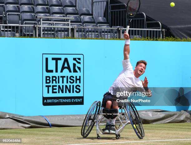 Alfie Hewett in action during Fever-Tree Championships Wheelchair Event match between Alfie Hewett against Stefan Olson at The Queen's Club, London,...