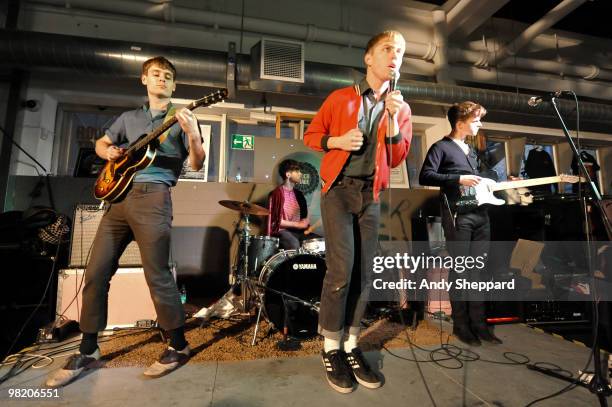 Jacob Graham, Conner Hanwick, Jonathan Pierce and Adam Kessler of Brooklyn based band The Drums perform at Rough Trade East on April 1, 2010 in...