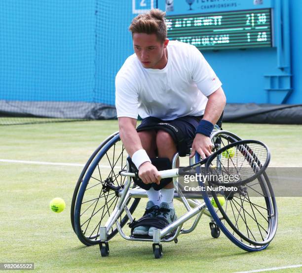 Alfie Hewett in action during Fever-Tree Championships Wheelchair Event match between Alfie Hewett against Stefan Olson at The Queen's Club, London,...