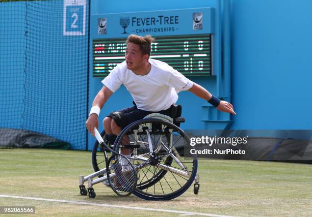 Alfie Hewett in action during Fever-Tree Championships Wheelchair Event match between Alfie Hewett against Stefan Olson at The Queen's Club, London,...