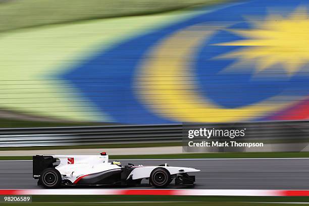 Pedro de la Rosa of Spain and BMW Sauber drives during practice for the Malaysian Formula One Grand Prix at the Sepang Circuit on April 2, 2010 in...